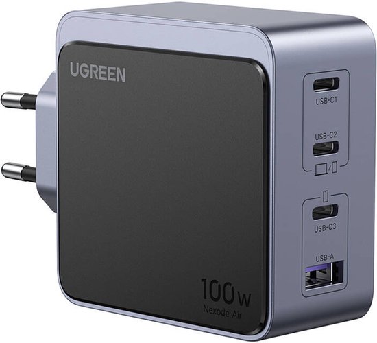 UGREEN Nexode Air 100W USB-C GaN Snellader 4-poorts PD QC PPS 3x USB-C + 1x USB Grijs