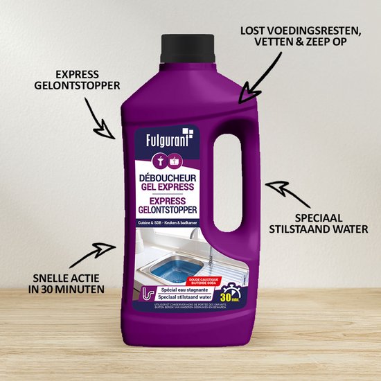 Paarse fles met "DÉBOUCHEUR GEL EXPRESS EXPRESS GELONSTOPPER" op het label. Tekstindicaties wijzen op "LOST VOEDINGSRESTEN, VETTEN & ZEEP OP", "SNELLE ACTIE IN 30 MINUTEN" en "SPECIAAL STILSTAAND WATER".
