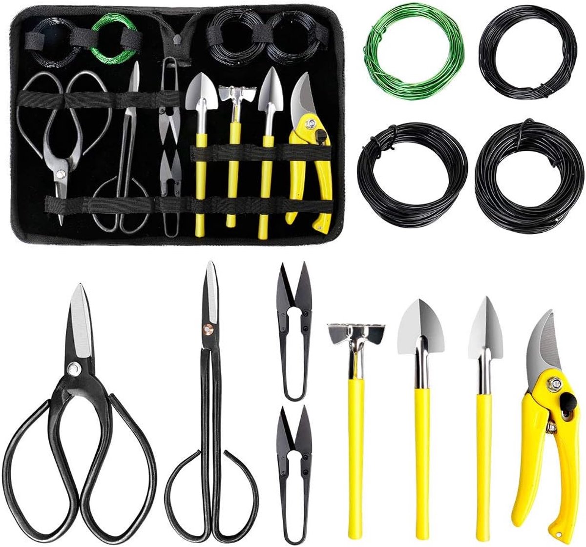 Famanu - Bonsai Set 13 Stks Koolstofstaal Succulent Tuinieren Trimmen Kit Inclusief Snoeischaar, Schaar, Mini Hark, Ronde en Puntige Schop &Training Draad in PU synthetisch materiaal Tas
