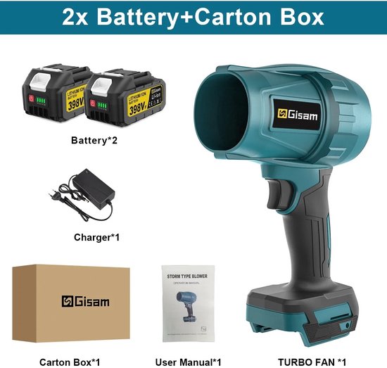 Ohana DT - Elektrische Blazer - Handblazer - Handventilator - Bladblazer - Turbo Ventilator - 1500W - 200 m/s - 2x Accu - Blauw