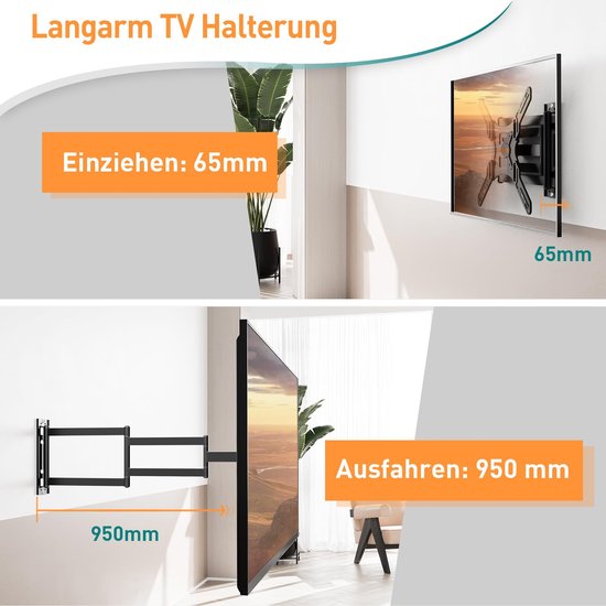 ELIVED Long Extension TV Wandhalterung mit 796mm langem Arm für die meisten 26-65 Zoll TVs, Schwenk- und neigbare Full Motion TV Wandhalterung, Eck-Wandhalterung Max VESA 400x400mm bis zu 45kg EV1035