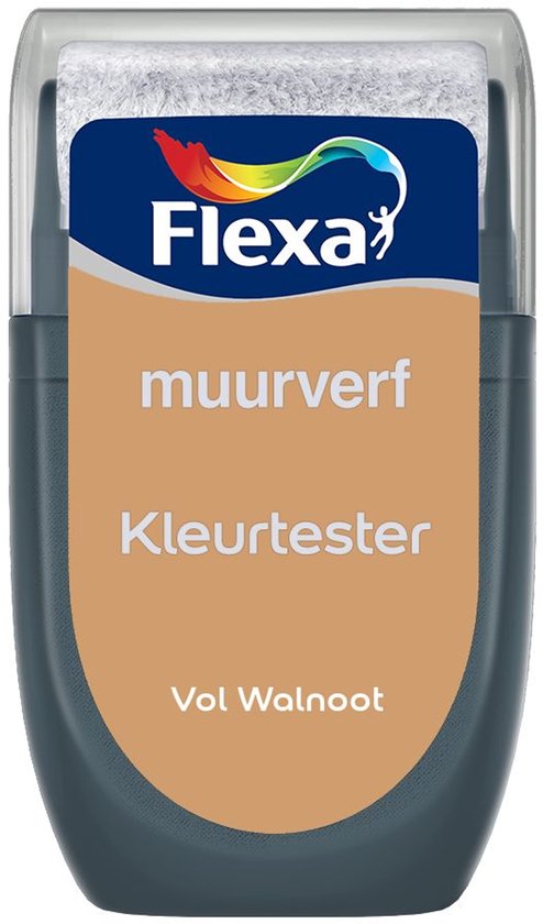 Flexa kleurtester muurverf Vol Walnoot met oranje bruine kleur.