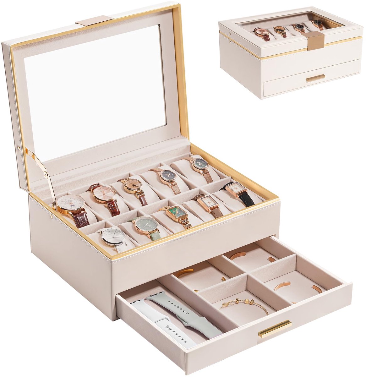 ProCase Horlogebox voor Dames en Heren, Horlogekast met Glazen Deksel, Horlogekast Horloge Opbergruimte Sieraden Opbergruimte - 10 Slots, Beige