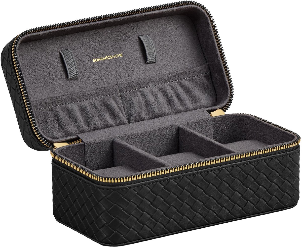 SONGMICS HOME Horlogebox voor op reis, etui voor 3 horloges, PU met gevlochten look, 10 x 20 x 9 cm, cadeau-idee, RONNE-collectie, zwarte deksel, leigrijs gevoerd JWB017G01
