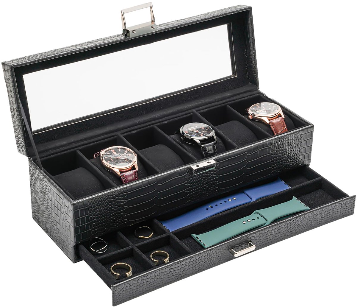 ProCase Horlogebox met 6 compartimenten, Horlogekast met glazen deksel, 2 lagen, Horlogekast met uitneembare horlogekussentjes, Horlogebox voor sieraden, ringen, armbanden en kettingen - Lizard Black
