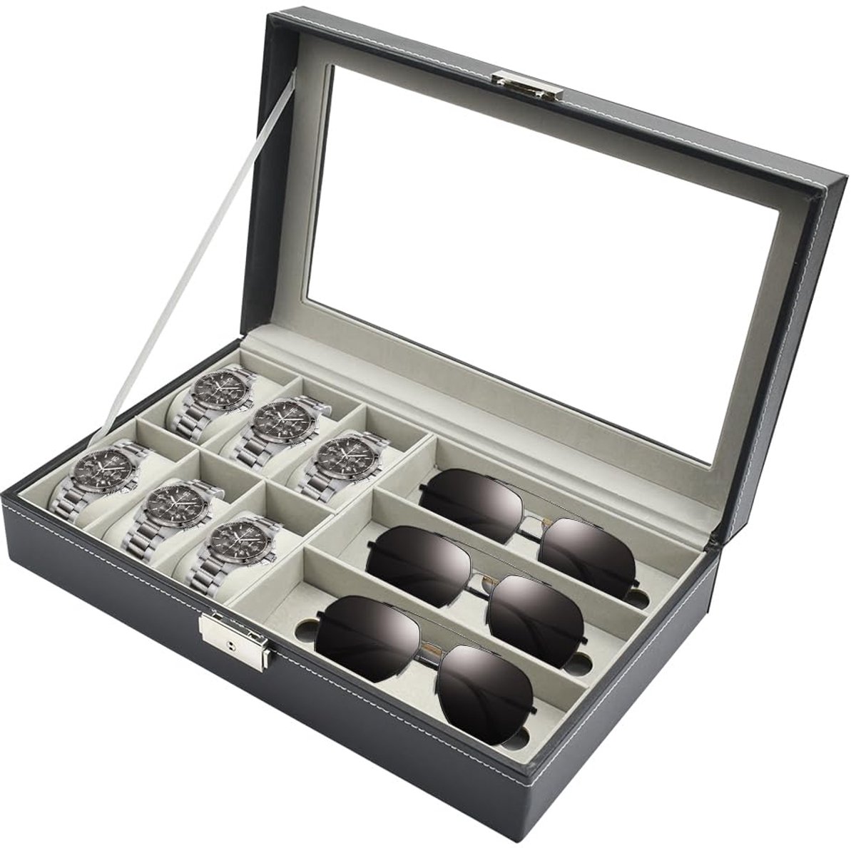 ADERTOS horlogebox voor 6 horloges PU horlogebox horlogekast met glazen deksel zwarte horlogebox herenhorlogebox met uitneembaar fluwelen horlogekussen met 3 brillenhouders brillenhouder