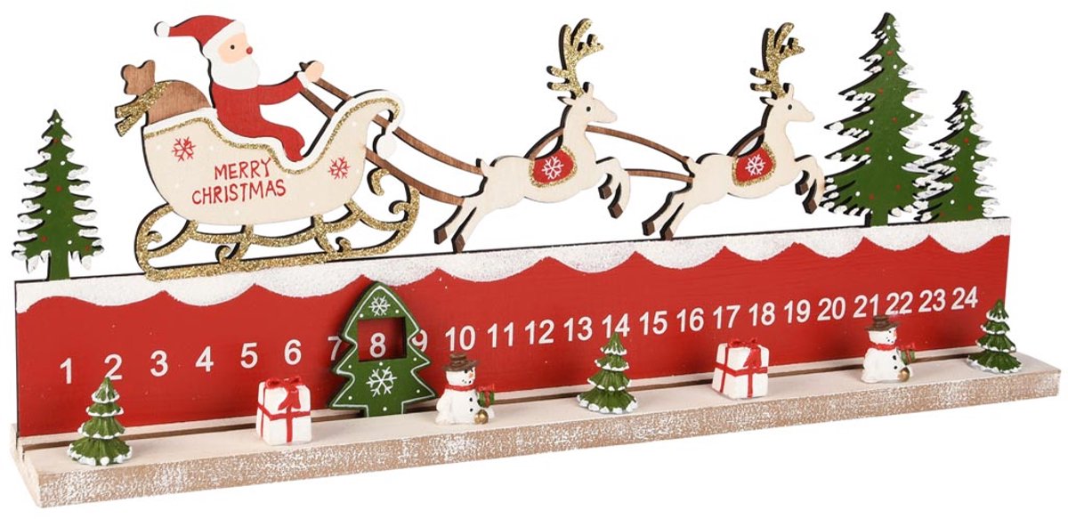 dekoratief Adventkalender m/santa, rood/groen, hout, 44x4x13cm | A255771