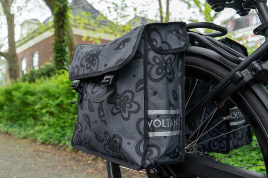 Voltano Dubbele Fietstas Floral Fusion - Grijs Met Bloemen - 38 Liter - 100% Waterdicht Polyester - Vrolijke Fietstassen