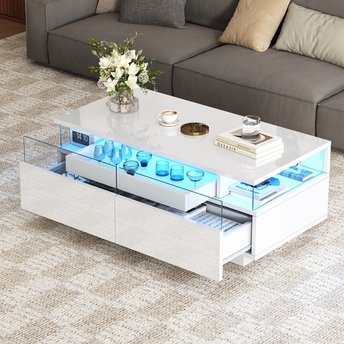 Sweiko Salontafel - Hoogglans - met Dienblad - 2 lades - LED-verlichting - Wit