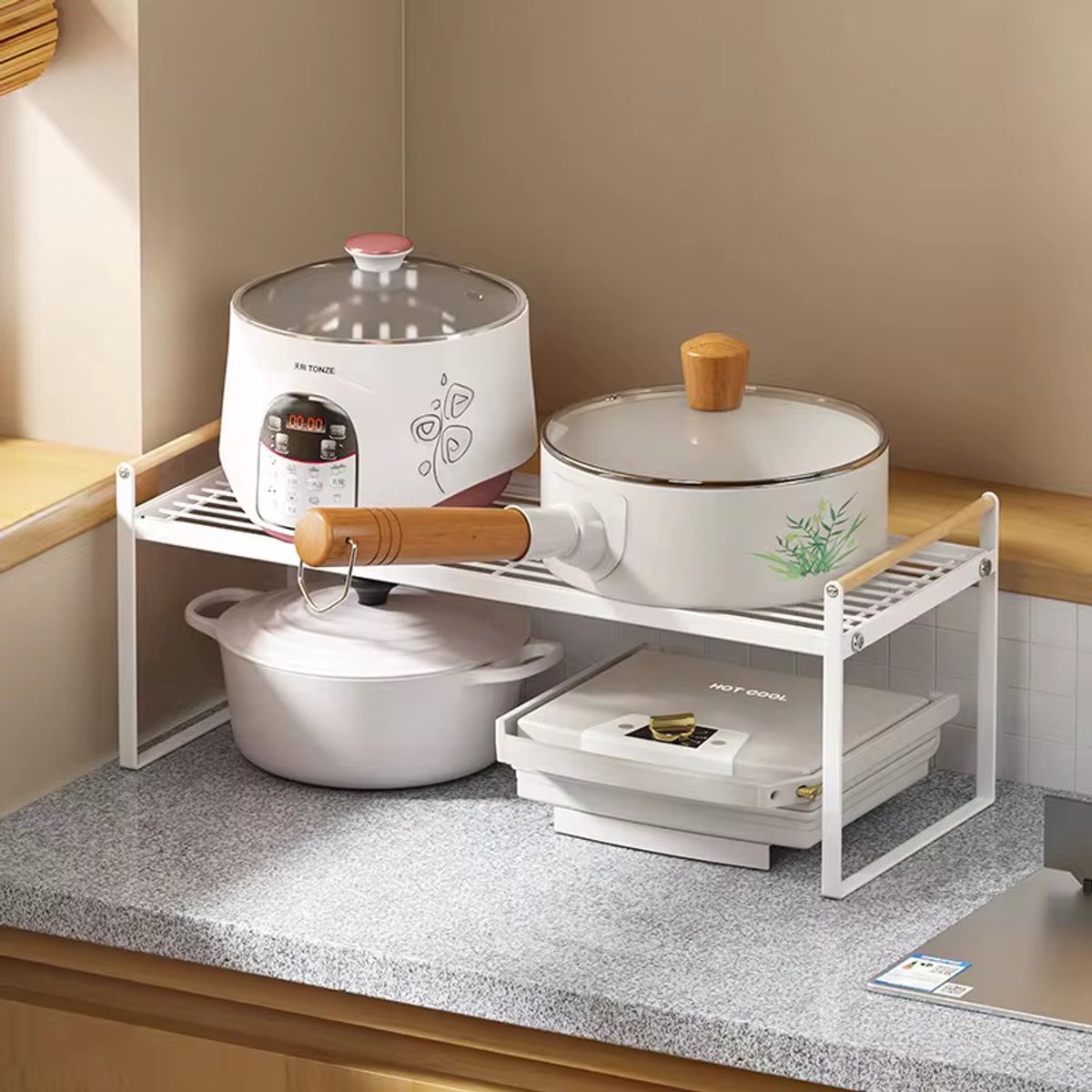 Keuken Organizers - Met houten handvat - aanrecht organiser - Pannenrekken - Gootsteenkast organizer - Bureau Organizer - Opbergrek - Kruidenrek - Kast Organizer - Badkamer Organizer - 25.2x 53.5 x 21 cm - Wit