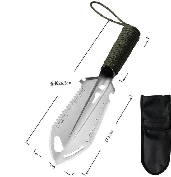 9-in-1 mini-handschep - Wordt geleverd met draagtas - Klein en lichtgewicht - Ultralicht, compact en multifunctioneel gereedschap - Voldoet aan de dagelijkse behoeften - Geschikt voor kamperen, tuinieren en overleven in de buitenlucht - Zilver, groen van Merkloos	 — afbeelding 2