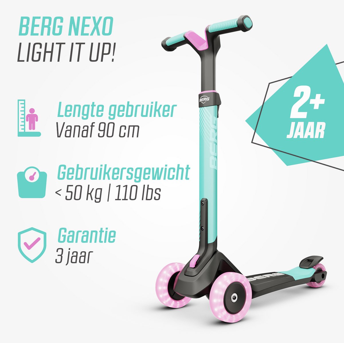 BERG Nexo Kinderstep - Step 3 wielen - Vanaf 2 jaar - Opvouwbaar - In hoogte verstelbaar - Incl. LED-deck + LED wielen - Mint — afbeelding 3