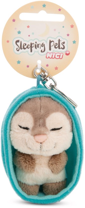 Sleutelhanger Sleeping Pets Konijn grijs 8cm mand groen - Duurzame metgezel knuffeldierhanger met sleutelring sleutelhanger voor sleutelkoord, tas, rugzak en meer