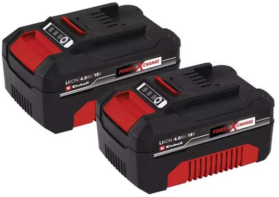 Twee zwarte en rode 18V lithium-ion Power X-Change accu's van 4.0Ah.