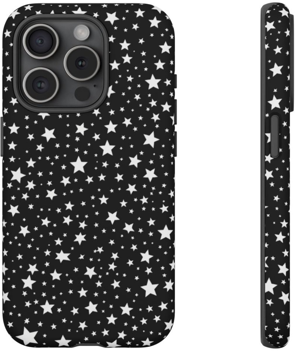 Wit Sterrenpatroon op Zwarte Achtergrond – Mat Stevig Hoesje Geschikt voor iPhone 15 Pro