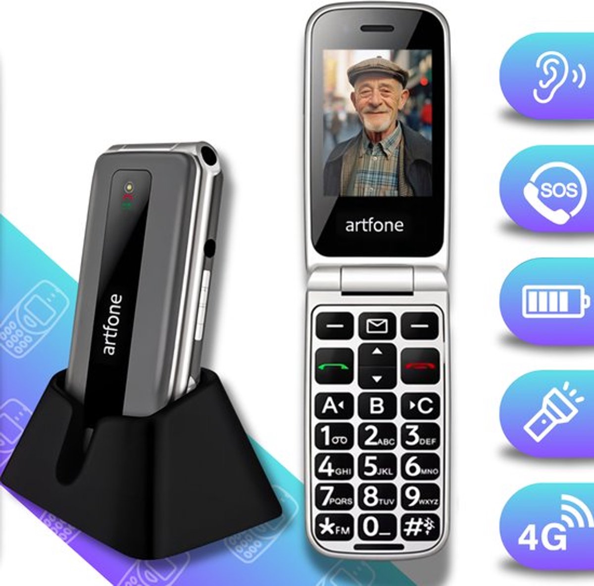 Artfone F30 Senioren Telefoon – 4G, Groot Scherm, SOS Noodknop, USB-C, Oplaadstation – 128MB