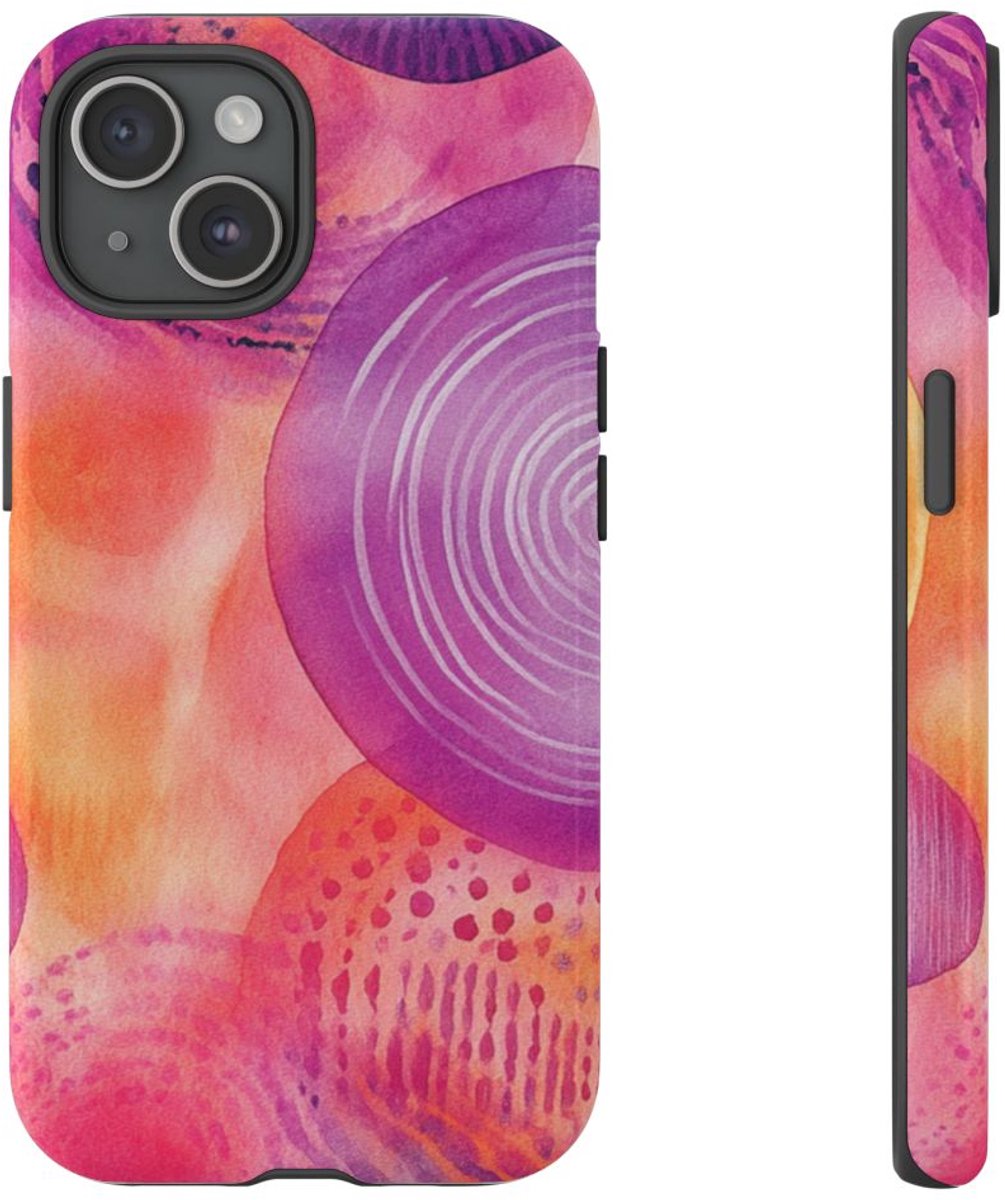 Abstracte Waterverf Cirkels in Warme Kleuren – Telefoonhoesje Geschikt voor iPhone 15