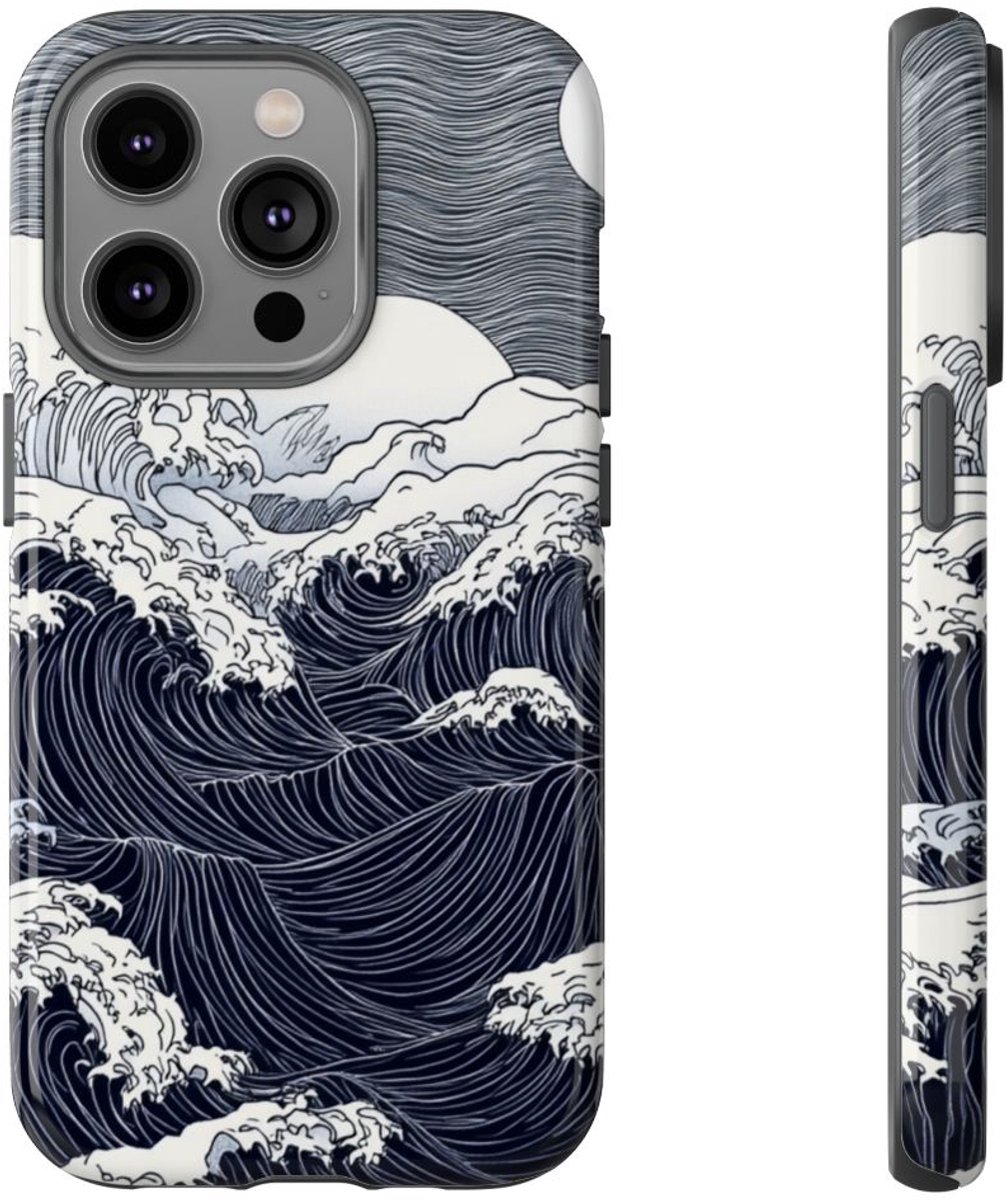 Monochrome Oceaangolven met Maan – Telefoonhoesje Geschikt voor iPhone 14 Pro