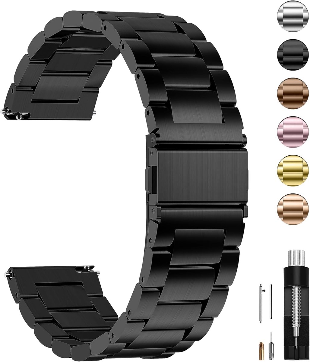 roestvrijstalen armband watch band metalen horlogebanden met snelsluiting geschikt voor dames en heren, 20mm Zwart