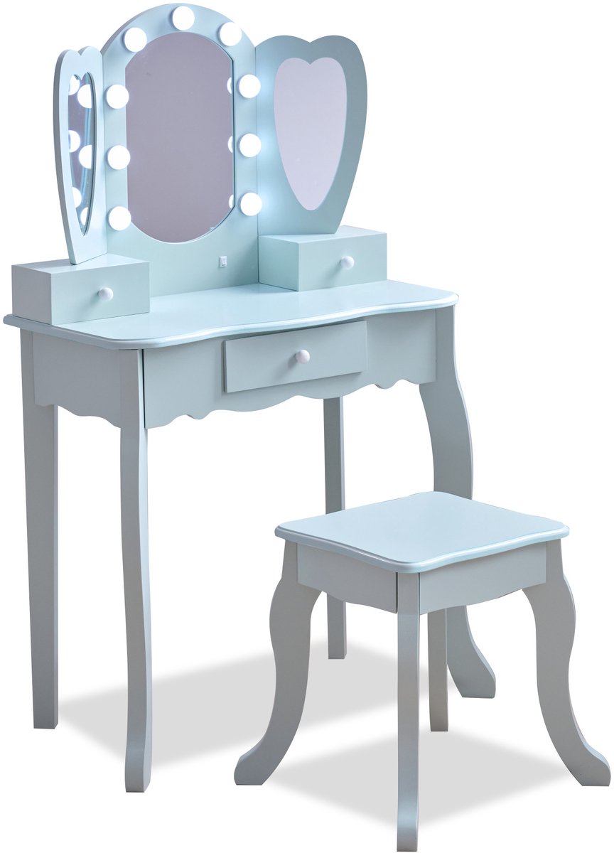 Teamson Kids Houten Kaptafel Kinderen - Hartvormig - LED Lichten - Tafel en Stoel Set - Blauw