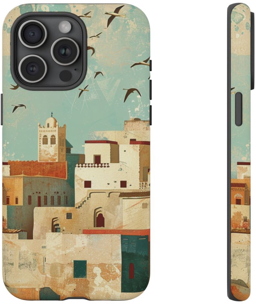 Illustratie van Marokkaanse Kustplaats – Mat Hoesje Geschikt voor iPhone 15 Pro Max