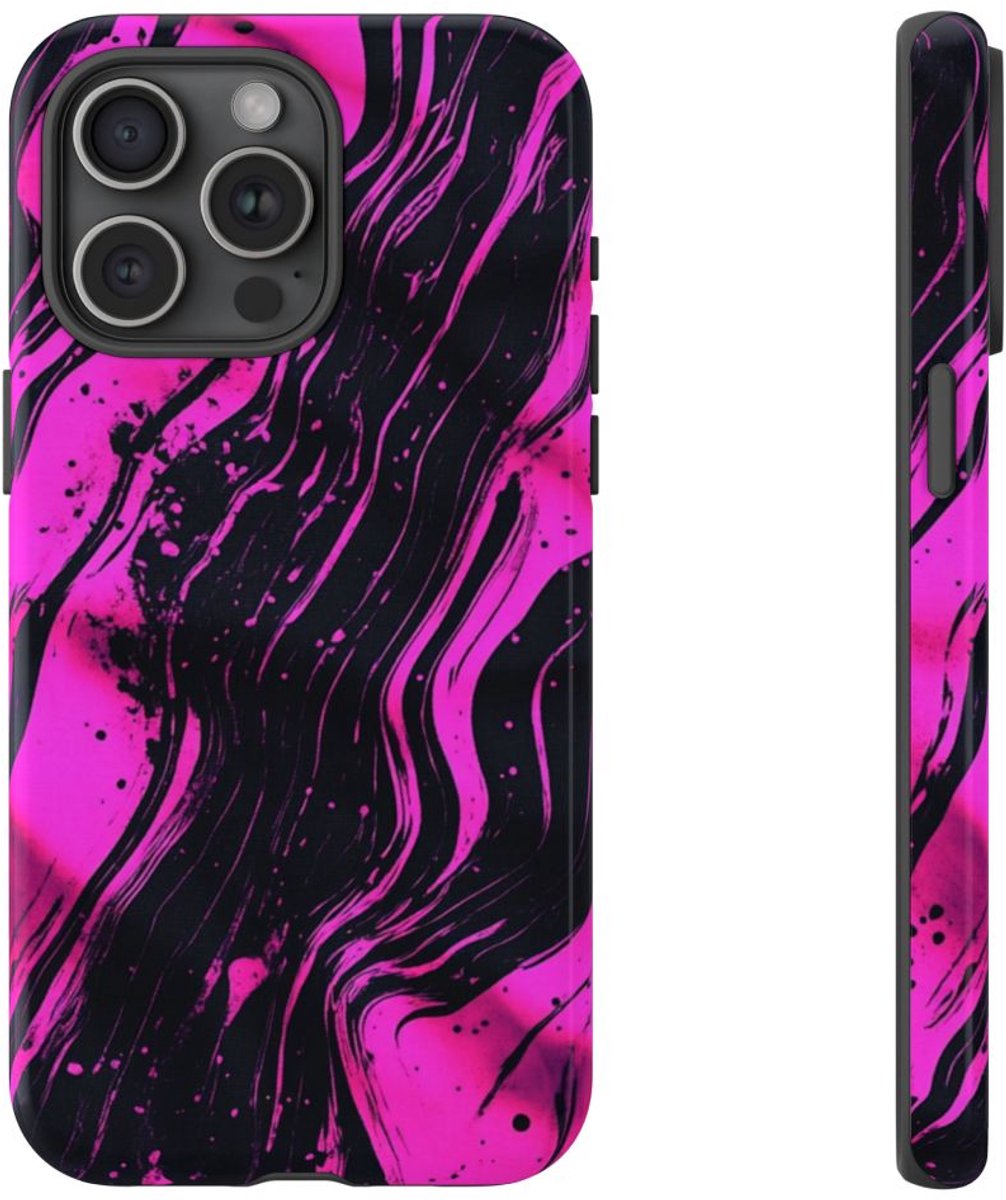 Neonroze en Zwart Abstract Patroon – Telefoonhoesje Geschikt voor iPhone 15 Pro Max