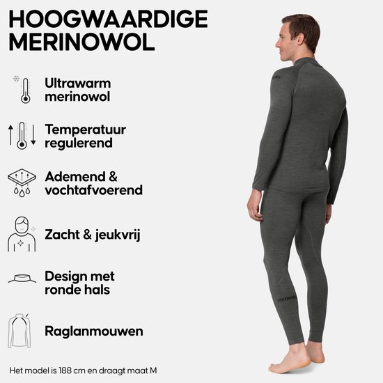 Man in donkergrijs merinowollen thermoset, van achteren gezien. Tekst over ultrawarm, temperatuurregulerend, ademend, zacht en raglanmouwen.