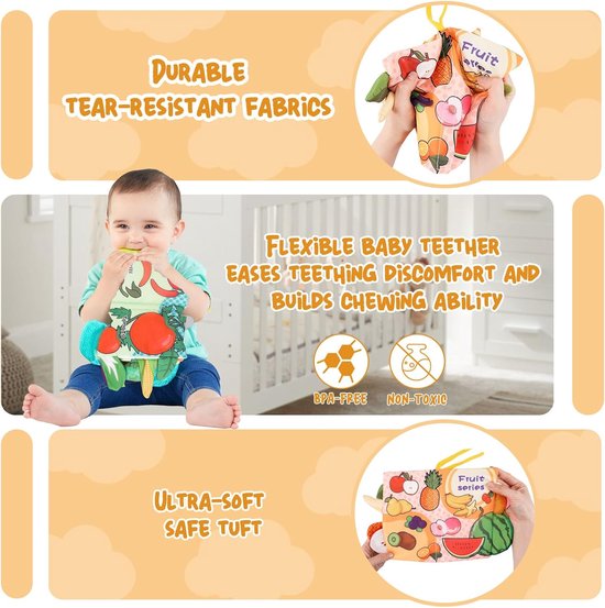 Baby Sensorische Boeken voor Baby's van 0-3 Maanden - 3-pack, zachte stoffen boeken met ritselende geluiden - Dieren, Fruit, Groenten - Hangende speeltjes, ideaal cadeau voor pasgeborenen van Merkloos — afbeelding 3