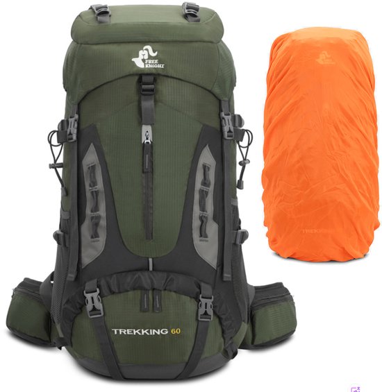 Professionele Wandelrugzak 60L - Legergroen - Waterafstotend met Regenhoes - Lichtgewicht Backpack met Heupriem - Voor Trekking, Kamperen & Outdoor