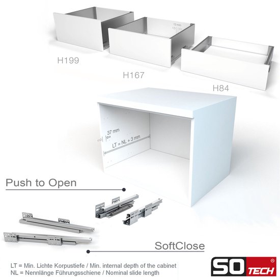 Système de tiroirs SOTECH JUNKER SLIM avec Push to Open (anthracite, hauteur 199 mm, profondeur 550 mm, capacité de charge jusqu'à 35 kg) tiroir de cuisine avec cadres de tiroir minces de 13 mm
