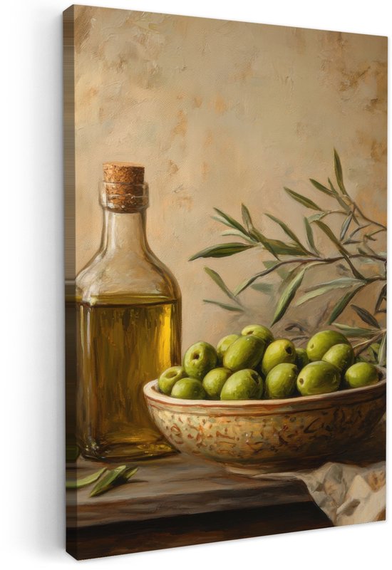 Canvas schilderij 40x60 cm - Exclusieve wanddecoratie Olijven - Stilleven - Vintage - Muurdecoratie woonkamer - Slaapkamer decoratie - Kamer accessoires - Schilderijen op canvas