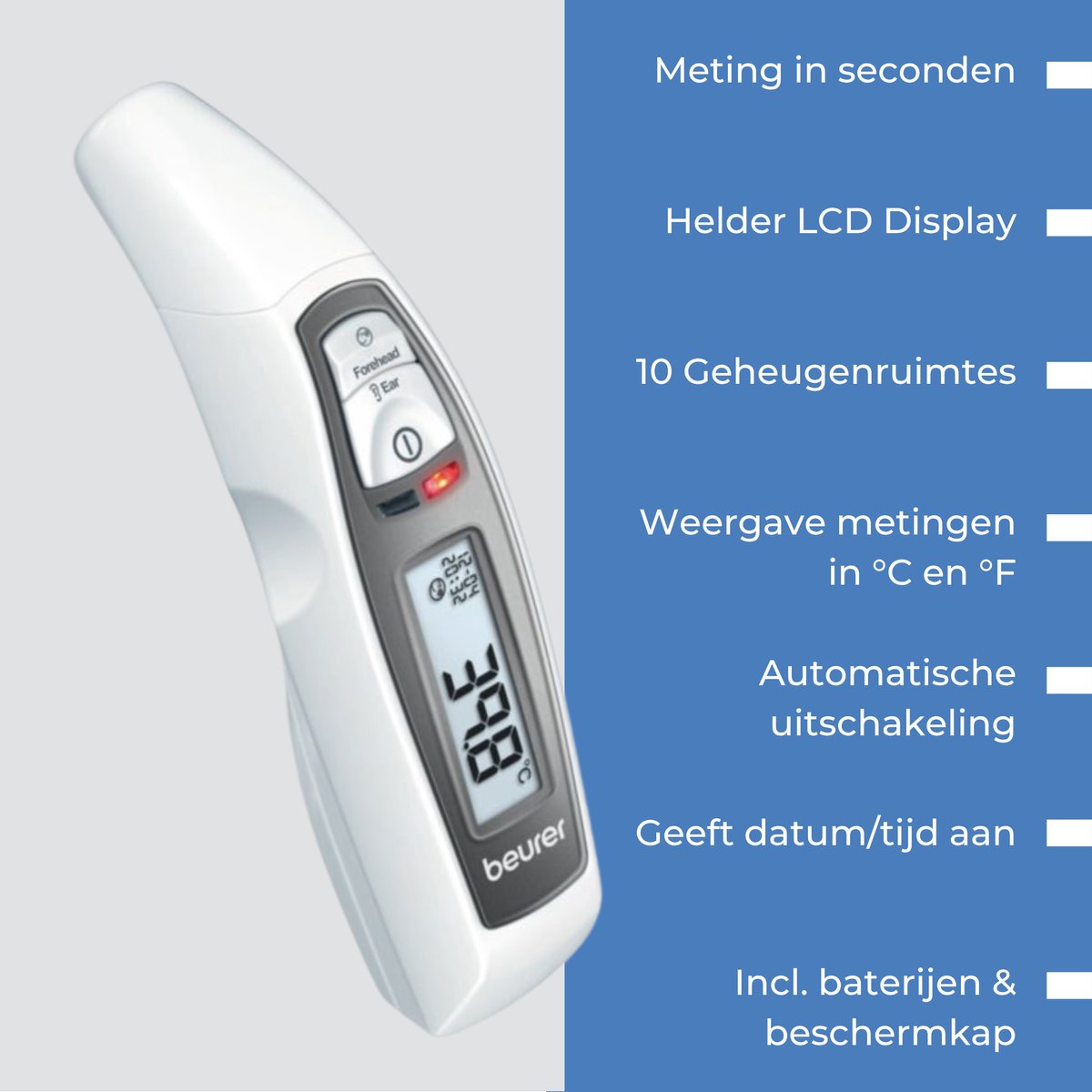 Beurer FT 65 Infraroodthermometer – Voorhoofd-, Oor- & Objectmeting – Digitale Koortsthermometer – Baby & Volwassene - LED Koortsindicator – 10 Geheugenplaatsen – Meting in Seconden – Groot Display – Medisch Gecertificeerd – Incl. Batterijen – Wit — cadeau in Cadeau-ideeën - foto 5