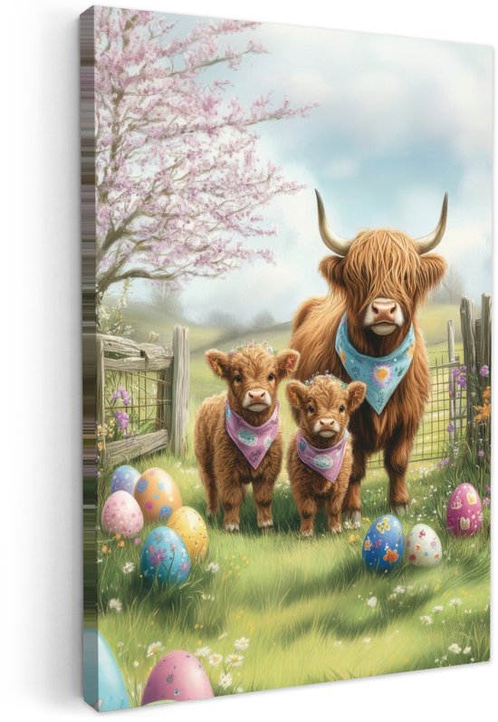 Canvas schilderij 40x60 cm - Exclusieve wanddecoratie Schotsehooglanders - Paaseieren - Lente - Muurdecoratie woonkamer - Slaapkamer decoratie - Kamer accessoires - Schilderijen op canvas - Pasen - Paasdecoratie - Paas versiering