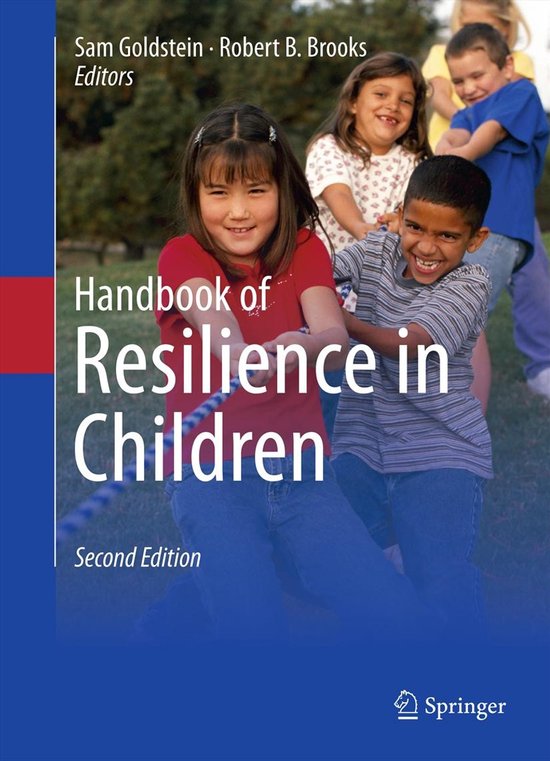 Boekomslag van 'Handbook of Resilience in Children', tweede editie, met lachende kinderen die aan een touw trekken.