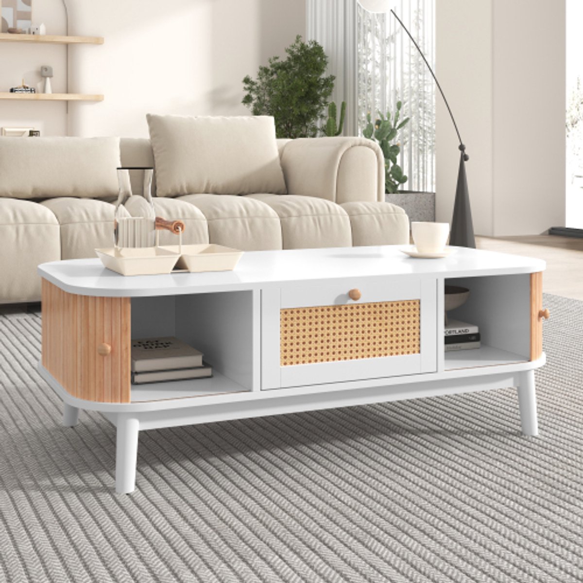 Salontafel - Rotan salontafel, Laden met rotan en schuifdeuren met massief houten latten, Massief houten poten, Natuurlijke landelijke stijl