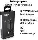 Verpakking met WiseQ logo, een zwarte 33W snellader, 2m USB-C kabel en garantiebewijs.