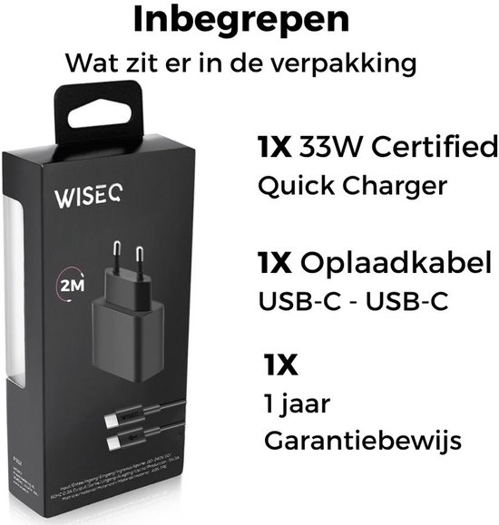 Verpakking met WiseQ logo, een zwarte 33W snellader, 2m USB-C kabel en garantiebewijs.