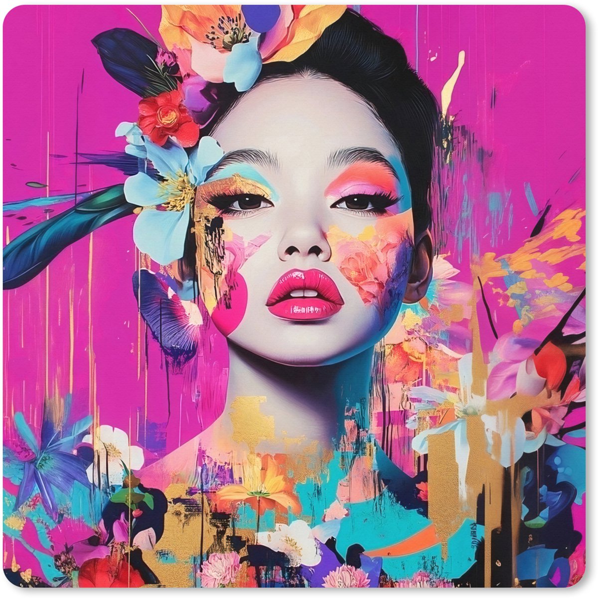 Muismat XXL 40x40 cm - Bureau onderlegger - Bureau mat Vrouw - Portret - Abstract - Paars - Bureaumat - Gaming mousepad xl - Bureaulegger groot - Computer deskmat