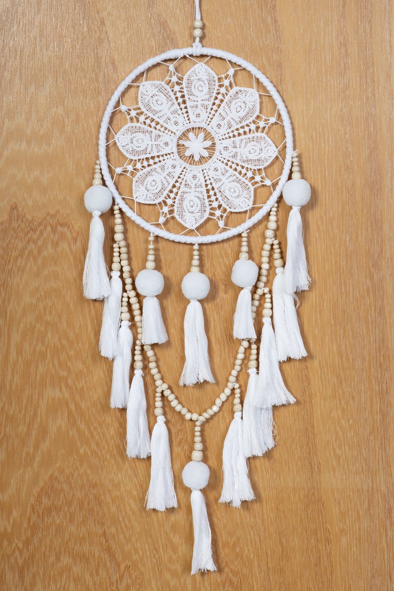 KIMU® Dromenvanger Wit Kralen - Dreamcatcher Tassels Kraaltjes - Bohemian Ibiza Kinderen Boho Babykamer Buiten Kado Meisjeskamer Veertjes Mandala Festival
