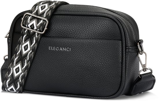 Zwarte Eleganci crossbody tas met een gestreepte schouderband, gefotografeerd op een witte achtergrond.