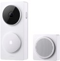 Witte Aqara deurbelcamera met zwarte lens en ronde deurbelknop, naast een witte chime.