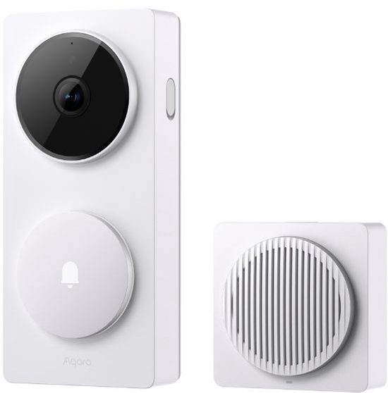 Witte Aqara deurbelcamera met zwarte lens en ronde deurbelknop, naast een witte chime.