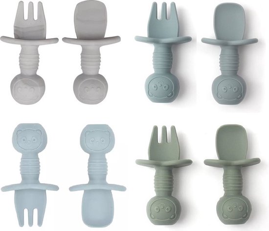 4 ensembles - Couverts bébé en Siliconen - Fourchette et cuillère - Ensemble de couverts pour enfants - Oursons - Vert et Blauw