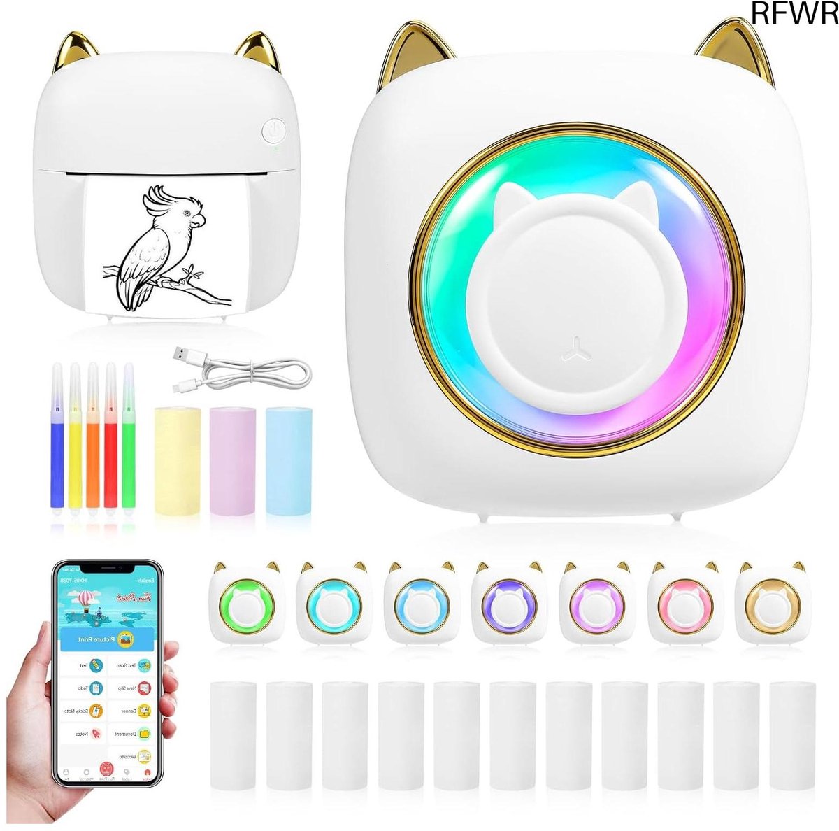 RFWR® Draagbare mini-zakprinter - Thermische printer met 10 rollen printpapier voor Android en iOS, Bluetooth verbinding, inktvrij en ideaal als cadeau