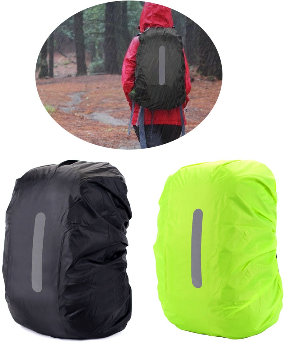 Regenhoes Rugzak Waterdicht - Reflecterende Rugzakhoes - Reflecterende Rugzak Covers in Polyester - Reflecterende Backpack Hoes - 30 tot 40 Liter - 2 stuks - Fluorescerend groen en Zwart - Waterdichte Rugzak Cover voor Outdoor Wandelen Rijden Klimmen