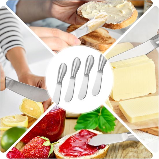 Een collage van botermessen die brood, cake, kaas, boter en jam smeren.