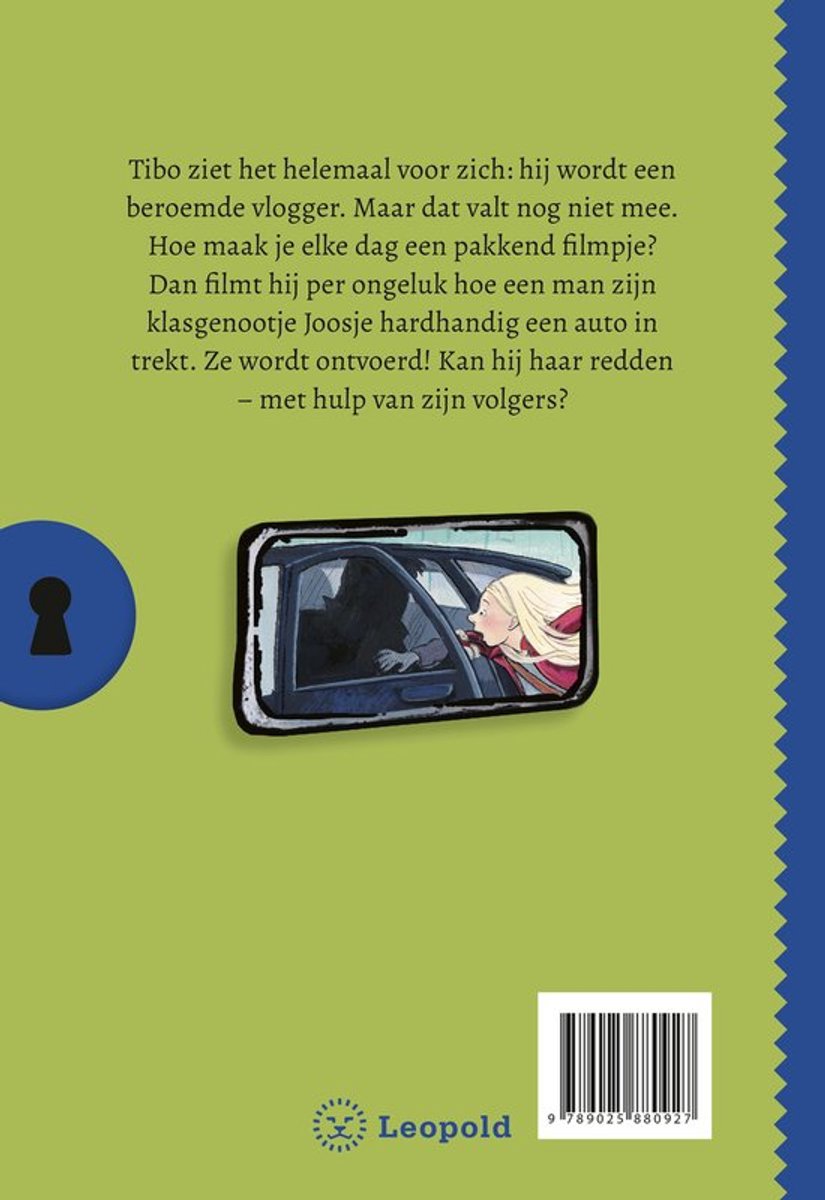 Boekcover met tekst: "Tibo ziet het helemaal voor zich: hij wordt een beroemde vlogger. Maar dat valt nog niet mee. Hoe maak je elke dag een pakkend filmpje? Dan filmt hij per ongeluk hoe een man zijn klasgenootje Joosje hardhandig een auto in trekt. Ze wordt ontvoerd! Kan hij haar redden – met hulp van zijn volgers?"