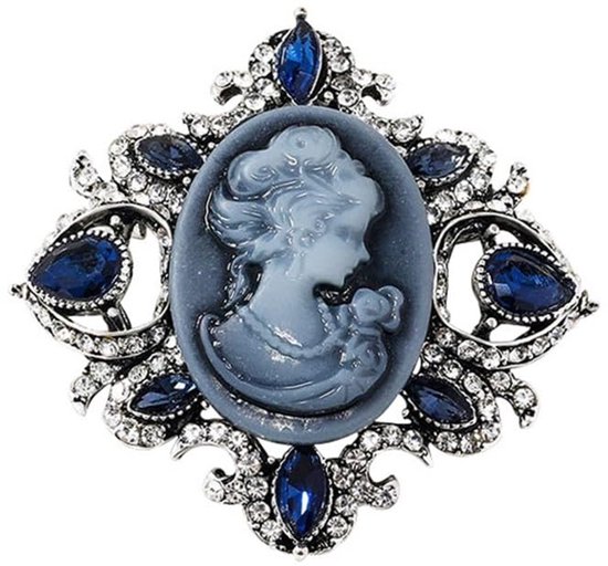 Broche Camée Gris Bleu Et Strass – Acier Bronze – Femme