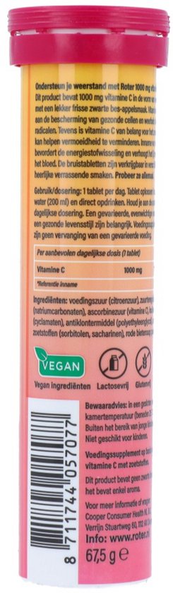 Roter Vitamine C 1000 mg bruis - Ondersteunt je natuurlijke weerstand - Suikervrij - Vegan - Met lekkere frisse zwarte bes-appelsmaak - 15 bruistabletten