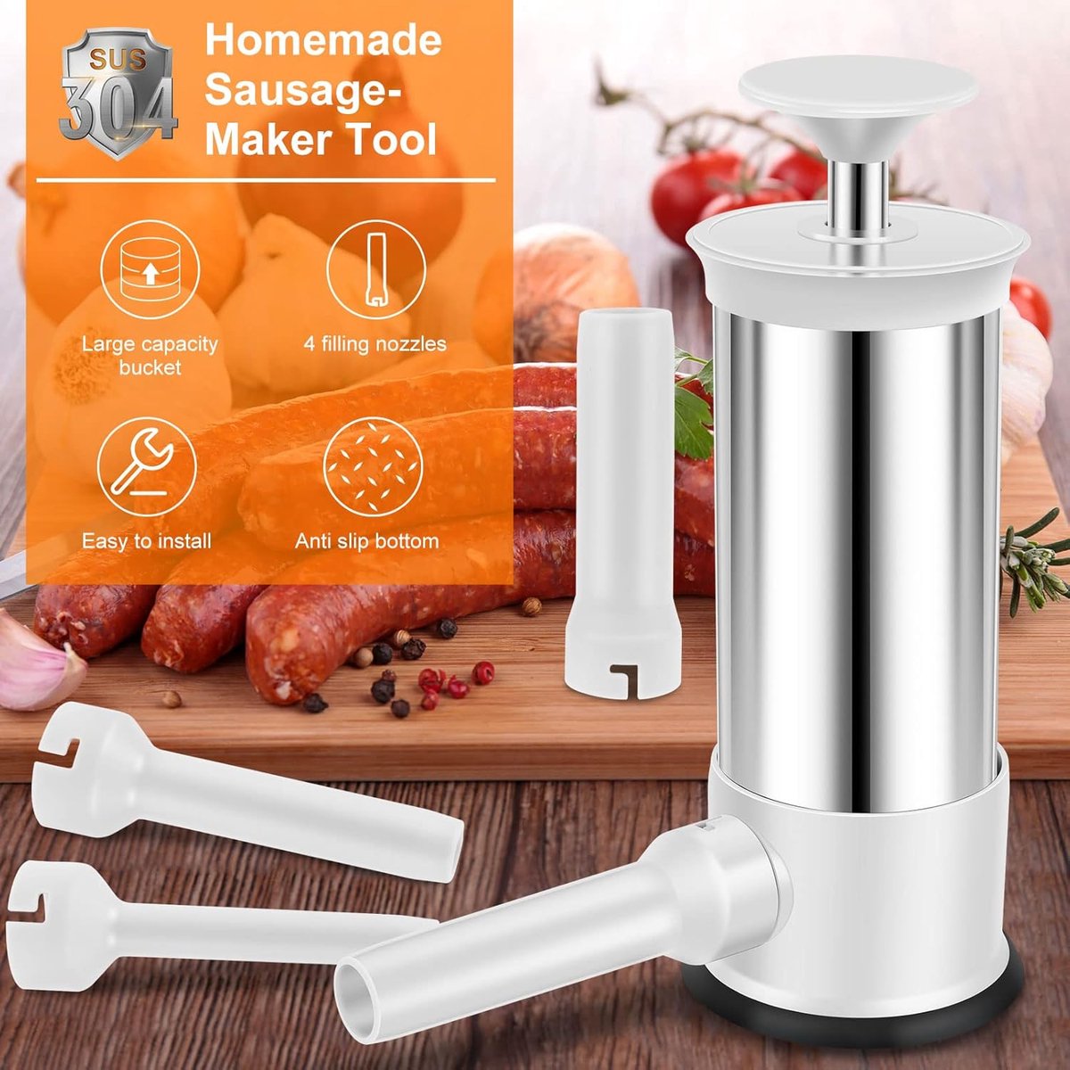 Zillary 2-in-1 Handmatige Worstvuller , 4 Vulbuizen